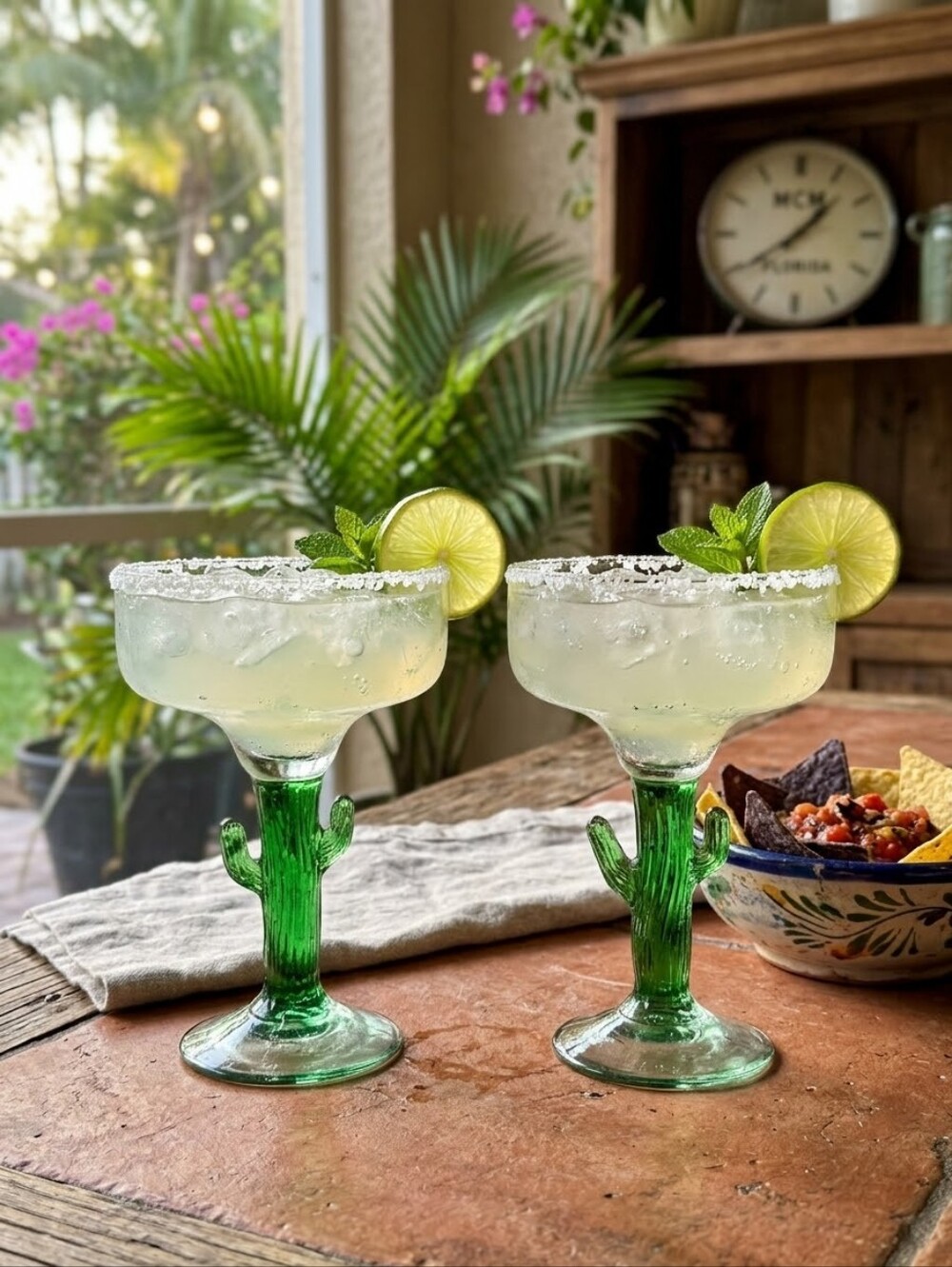 Vintage Hand Blown Saguaro Cactus Stem Margarita Glasses Set 2 Mexican Barware